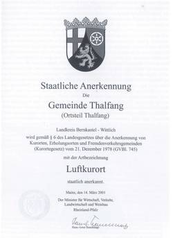Urkunde Luftkurort Thalfang